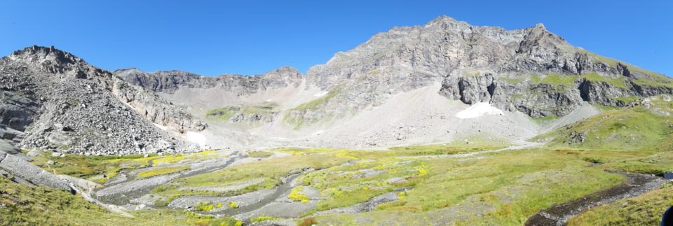 Panorama Hochfläche mit Wassermäandern und gelber Bachwurz
