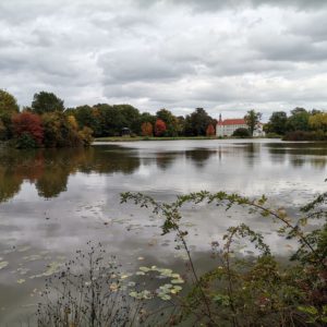 Blick über den Teich im Schlosspark Fürstlich-Drehna zum Schlosshotel