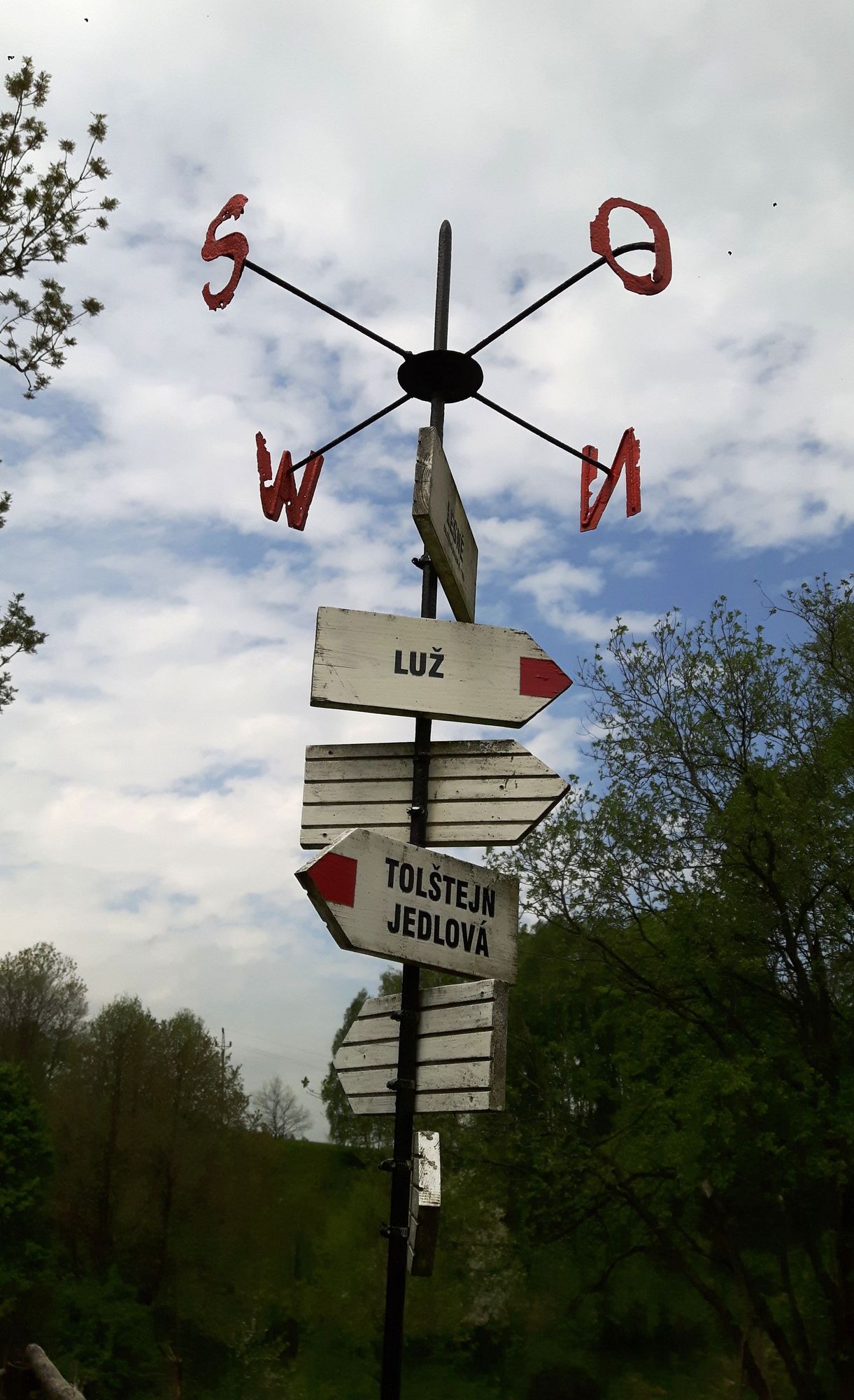 Windspiel mit Wegweisern die sich mit dem Wind drehen