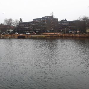 Blick über Kranich Teich zum Apartment Hotel