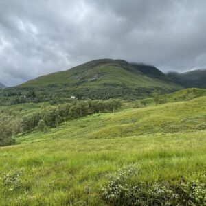 Blick zurück auf den Berg über grüne Wiesen